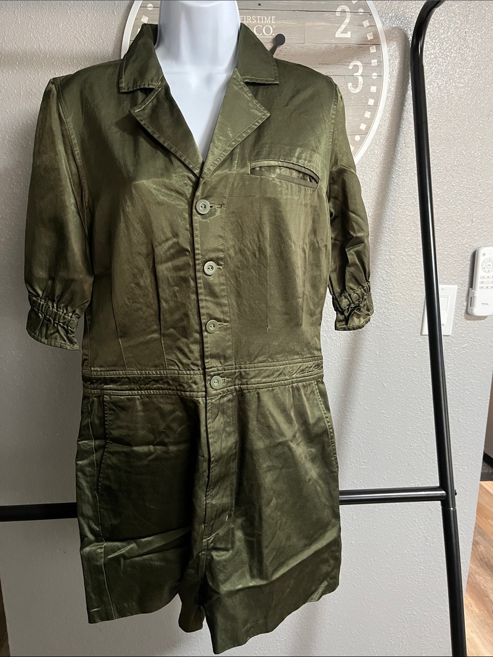 #23 J Brand Olive Green Satin Short Sleeve Utility Jumpsuit Romper